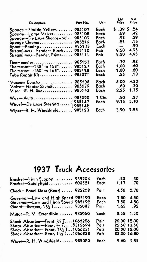 1937 Chevrolet Accessories Price List Page 3
